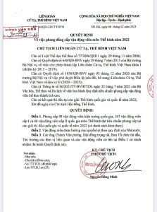 Giấy chứng nhận phong đẳng cấp vận động viên Quốc Gia của anh Trần Đông 