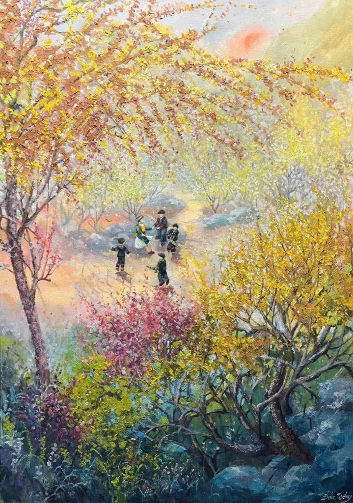 Trong không gian nghệ thuật của hoạ sĩ Đắc Tưởng, Tây Bắc hiện lên trầm lắng, bình dị nhưng ẩn chứa sức sống mạnh mẽ