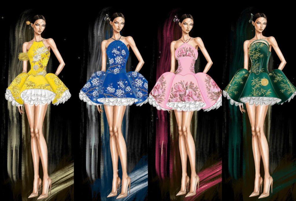 Bộ trang phục đồng diễn thí sinh lấy cảm hứng từ hình tượng tranh Tứ quý với Tùng, Cúc, Trúc, Mai